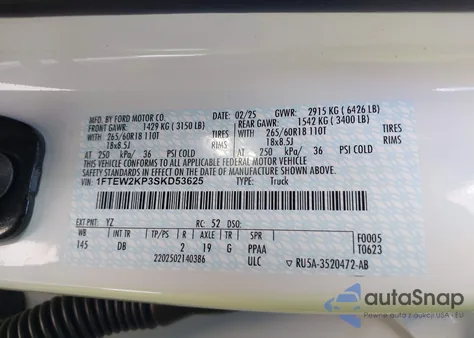 2025 Ford F-150 Stx z USA, uszkodzony, nr VIN 1FTEW2KP3SKD53625